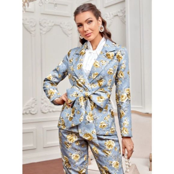 Boutique Jackets & Blazers - FARAH NWT Blue Gold Floral Print Tie Front Elegant Blazer US 6
